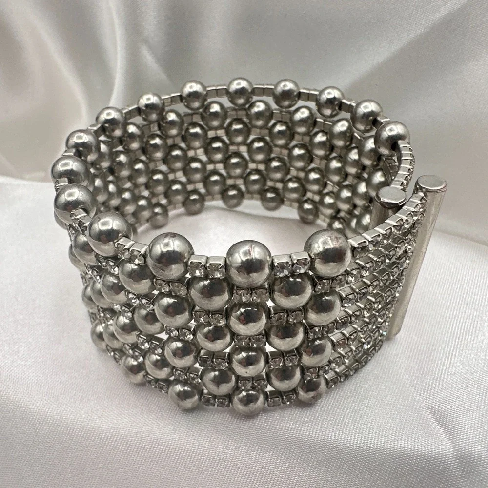 Vintage 90s Silver Tone Multi Row Bead Clear Glass Wide Cuff Statement Bracelet